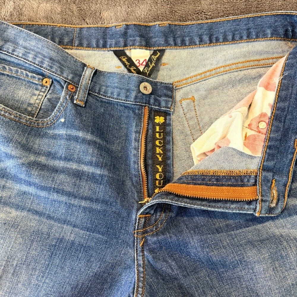 Vintage Lucky Brand Mens Jeans 34 Short Inseam Blue Straight Leg Whiskered